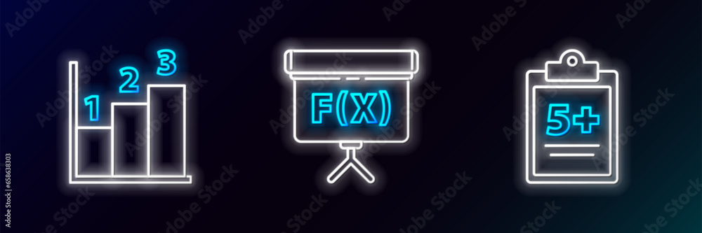 Set line Test or exam sheet, Graph, schedule, chart, diagram and Chalkboard icon. Glowing neon. Vector Set line Test or exam sheet, Graph, schedule, chart, diagram and Chalkboard icon. Glowing neon. Vector