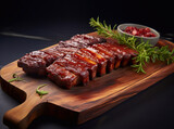 barbecued ribs on a wooden tray