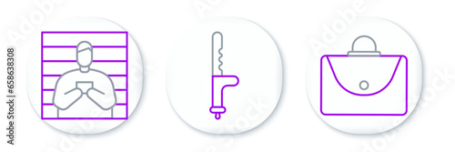 Set line Briefcase, Suspect criminal and Police rubber baton icon. Vector