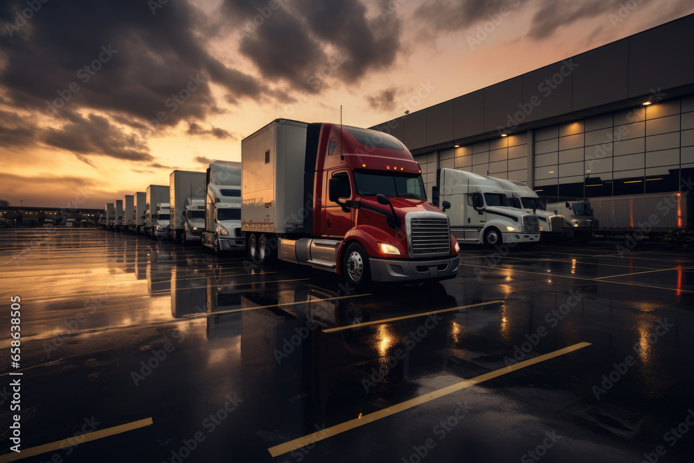 An impressive convoy of white cargo trucks, symbols of efficient logistics and transportation, travel along the highway under a summer sunset sky, showcasing the backbone of modern commerce
