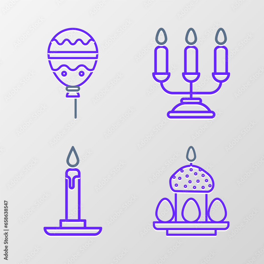 Set line Easter cake and eggs, Burning candle in candlestick, Candelabrum with candlesticks and Balloons ribbon icon. Vector