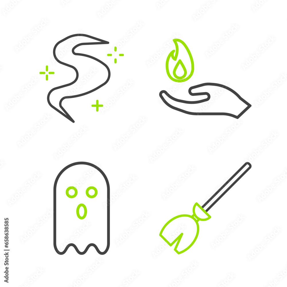 Set line Witches broom, Ghost, Hand holding a fire and Magic fog or smoke icon. Vector