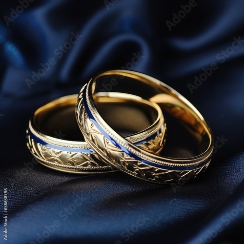 Wedding rings on a dark blue fabric background