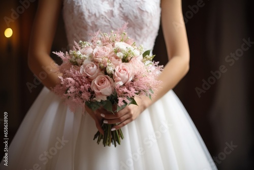 Beautiful pastel wedding bouquet in bride's hands, bokeh background.