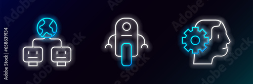 Set line Humanoid robot, Artificial intelligence and Robot icon. Glowing neon. Vector