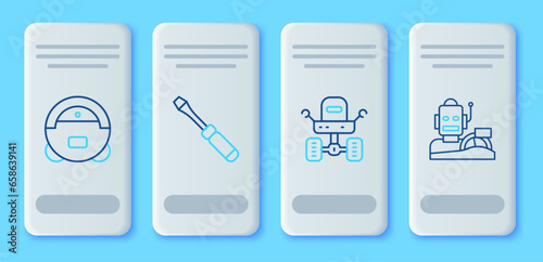 Set line Screwdriver, Mars rover, Robot vacuum cleaner and humanoid driving car icon. Vector