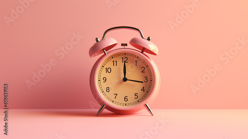 Retro style alarm clock over the pink background