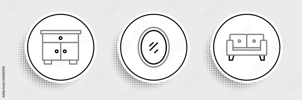 Set line Sofa, Furniture nightstand and Mirror icon. Vector Set line Sofa, Furniture nightstand and Mirror icon. Vector