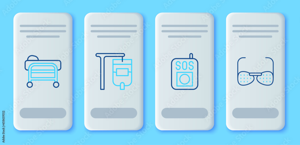 Set line IV bag, Press the SOS button, Stretcher and Blind glasses icon. Vector