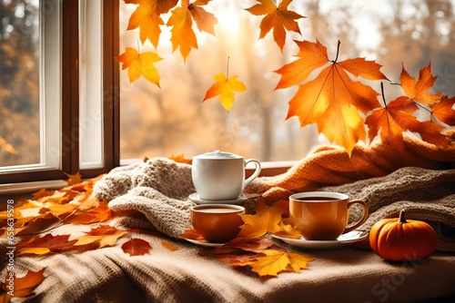 Cozy warm autumn composition with cup of tea, coz ...