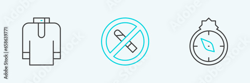 Set line Qibla, Shirt kurta and No Smoking icon. Vector