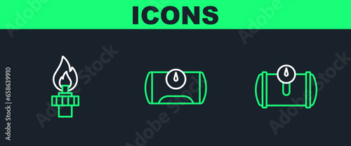 Set line Gas tank for vehicle, Oil rig with fire and icon. Vector