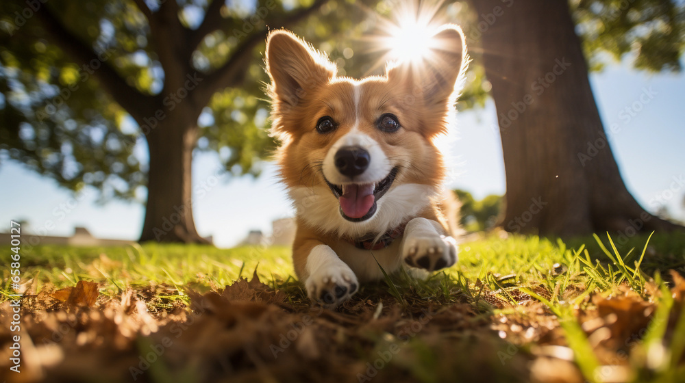 Portrait of a happy dog on a blurred background, beautiful lighting.