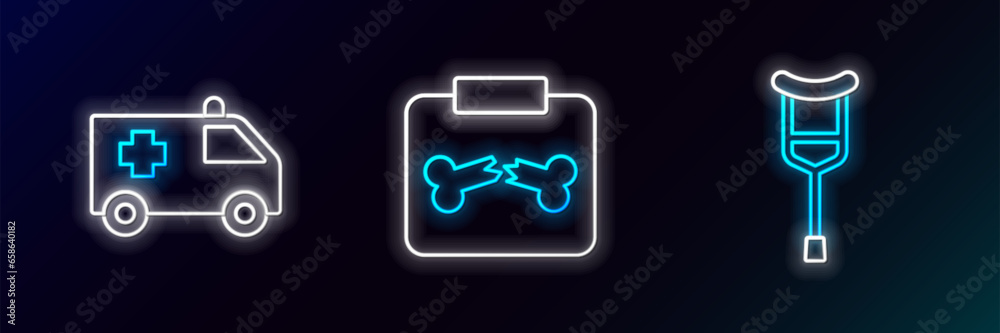 Set line Crutch or crutches, Ambulance car and X-ray shots with broken bone icon. Glowing neon. Vector Set line Crutch or crutches, Ambulance car and X-ray shots with broken bone icon. Glowing neon. Vector