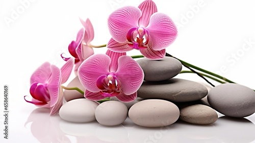 Serenity Defined with Delicate Pink Orchid and Smooth Spa Stones Isolated on White Background