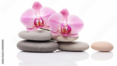 Serenity Defined with Delicate Pink Orchid and Smooth Spa Stones on White