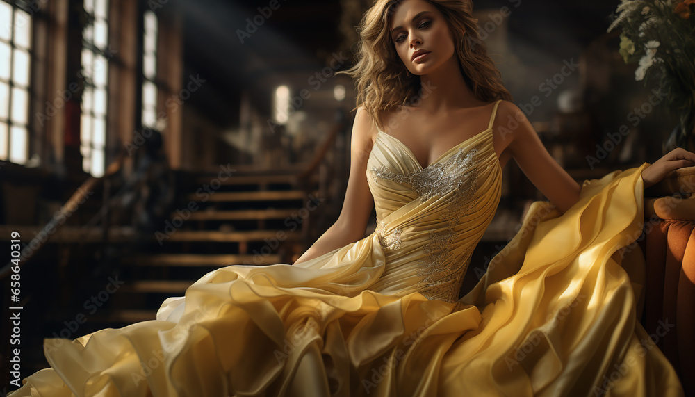Naklejka premium Haute couture inspired wedding dress in ochre