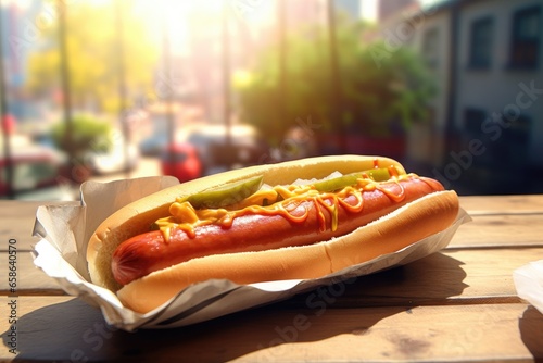 Delicious hot dog selling on table ready to be served in streetfood. Street fast food. photo