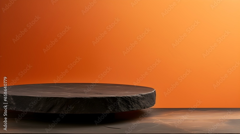 Round Stone Podium in front of a orange Studio Background. Black Pedestal for Product Presentation Round Stone Podium in front of a orange Studio Background. Black Pedestal for Product Presentation