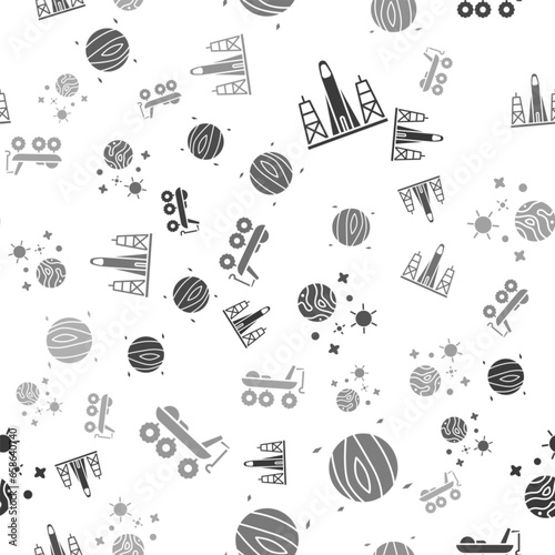 Set Rocket launch from the spaceport, Planet Venus, Space and planet and Mars rover on seamless pattern. Vector