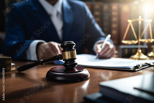 Professional lawyer considering with contract papers in courtroom. Justice, Law, Attorney and Court judge concept. attorney with a gavel on a desk, Justice lawyers, in suit Advice and Legal services. © NiK0StudeO