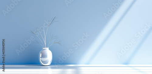 Empty blue and white room with vase  beautiful light and shadow  AI generated