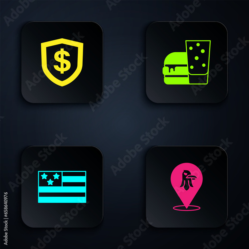 Set Eagle, Shield with dollar, American flag and Burger. Black square button. Vector