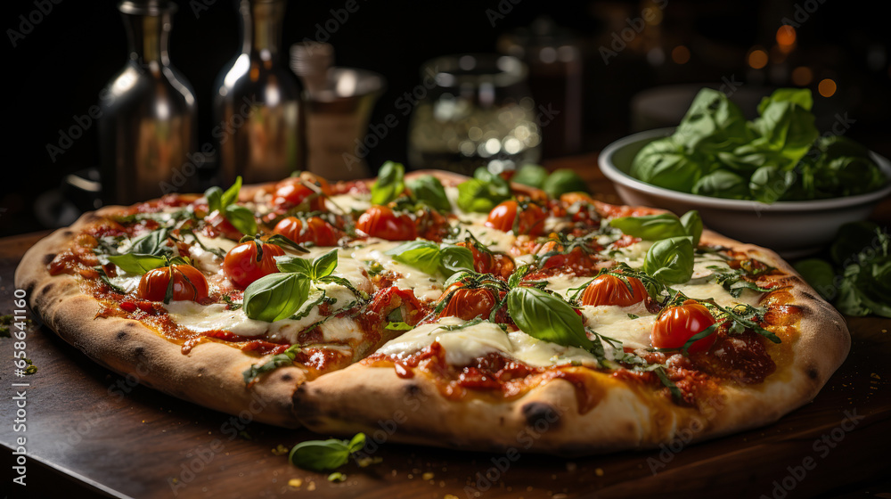Freshly Baked Margherita Pizza with a Glass of Beer Freshly Baked Margherita Pizza with a Glass of Beer