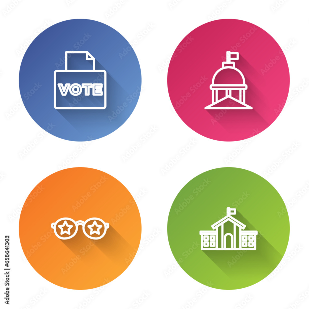 Set line Vote box, White House, Glasses with stars and United States Capitol Congress. Color circle button. Vector Set line Vote box, White House, Glasses with stars and United States Capitol Congress. Color circle button. Vector