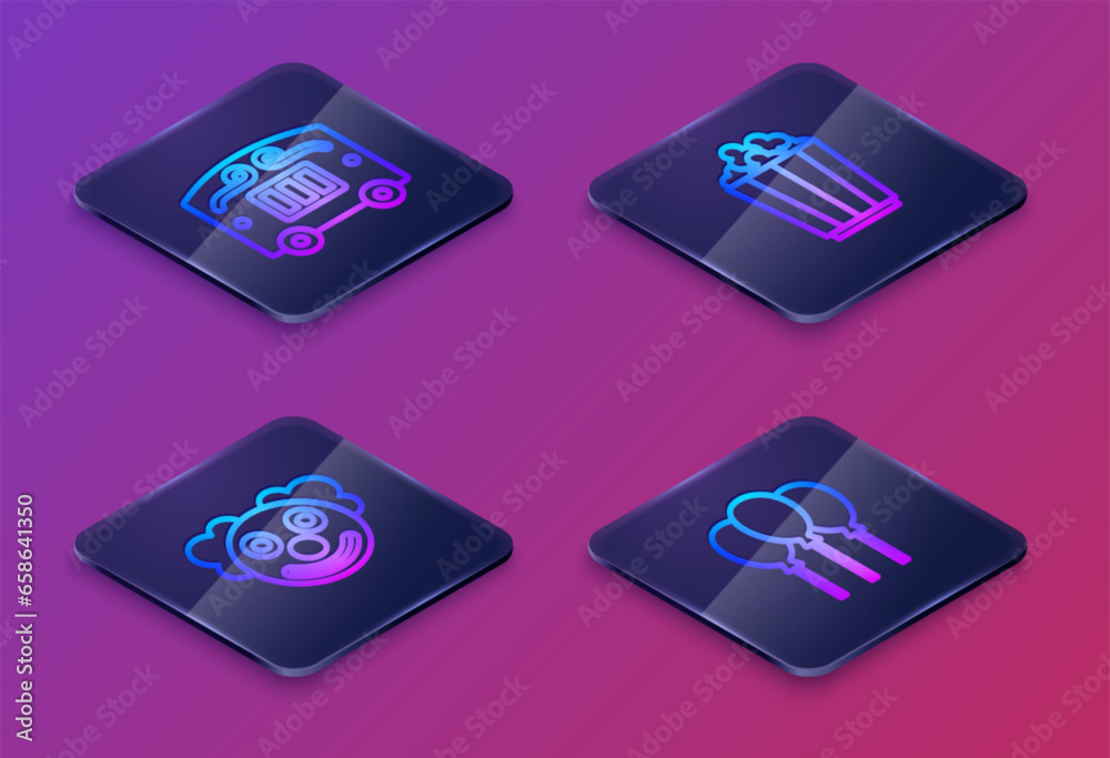 Set Isometric line Circus wagon, Clown head, Popcorn in box and Balloons with ribbon. Blue square button. Vector Set Isometric line Circus wagon, Clown head, Popcorn in box and Balloons with ribbon. Blue square button. Vector