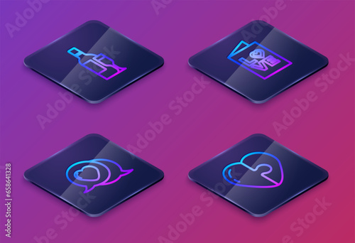 Set Isometric line Champagne bottle, Heart in speech bubble, Valentines day party flyer and . Blue square button. Vector