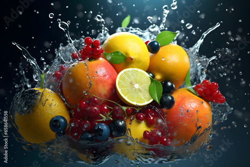 Colorful Fresh Fruits in a Water Splash, Advertising Delight
