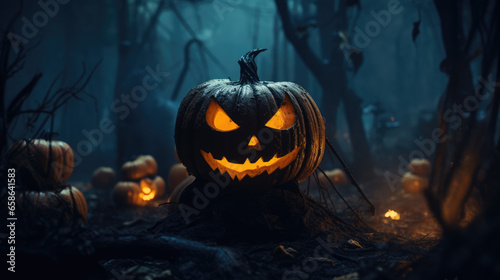 Halloween pumpkin head jack lantern on dark background. 3d rendering