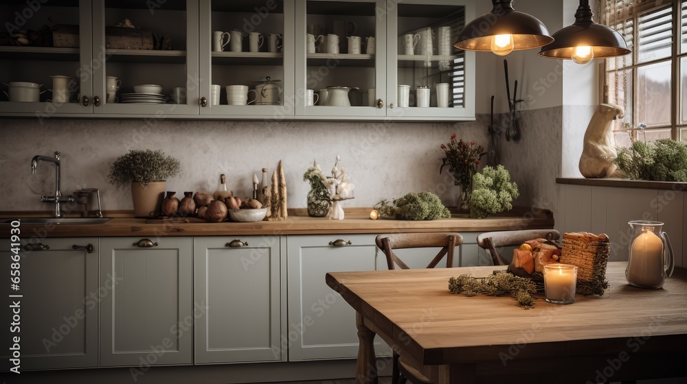 Interior of kitchen in rustic style. White furniture and wooden decor in bright cottage indoor.