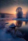 beautifull landscape winter dawn unreal lighting fog 