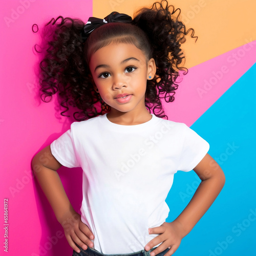 Young African American Girl Wearing a Blank Solid White T-Shirt Mockup Posing in Front of a Colorful Painted Wall