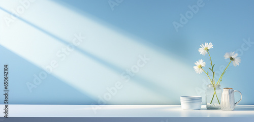 Empty blue and white room with vases and flowers, beautiful light and shadow, AI generated