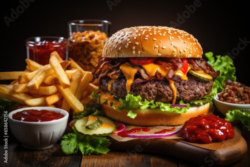 Tasty cheeseburger with french fries on wooden board