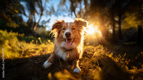 Portrait of a happy dog on a blurred background, beautiful lighting.