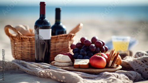 Picnic Basket with Fruits and Wine on a Beach