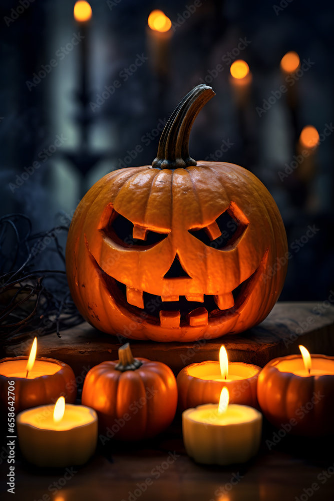 Creepy helloween pumpkin head lighted with candles