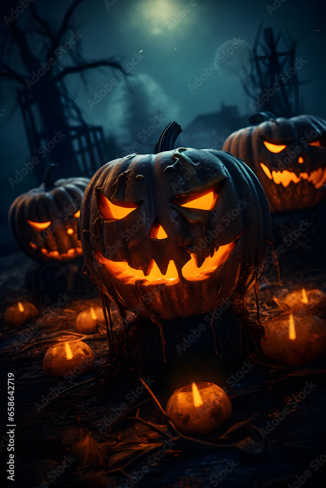 Fototapeta premium Halloween scary pumpkin in a mystic night