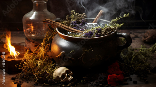 Witchcraft with smoking potion, herbs ingredients candles and magical equipment