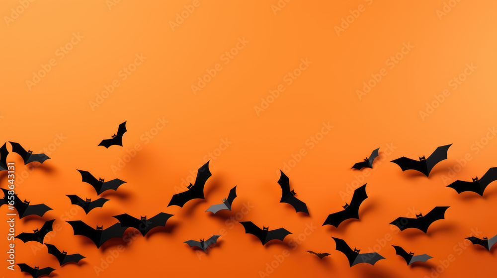 Halloween background with flying bats. 3d render. Orange background.