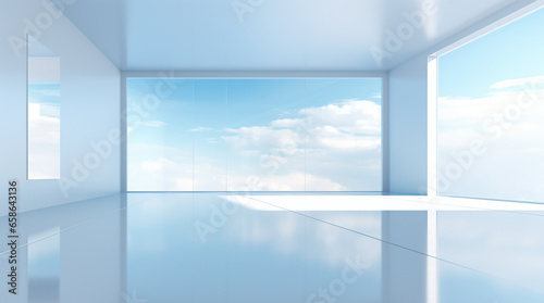 Empty blue and white room with large window and beautiful light and shadow, AI generated