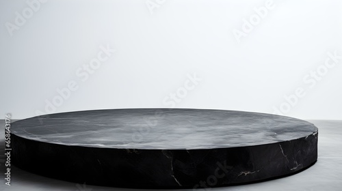 Round Stone Podium in front of a white Studio Background. Black Pedestal for Product Presentation