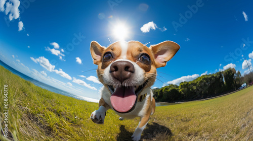 Portrait of a happy dog on a blurred background, beautiful lighting.