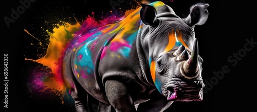 Painted colorful rhino animal, they show off in beautiful colors. isolated black background. Pattern for t-shirt printing, Generative AI