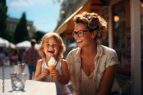 Young mother with a child son in glasses eating ice cream in a summer cafe © Sunshine