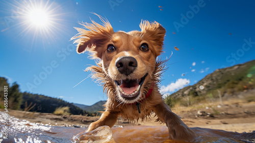 Portrait of a happy dog on a blurred background, beautiful lighting. © ArturSniezhyn